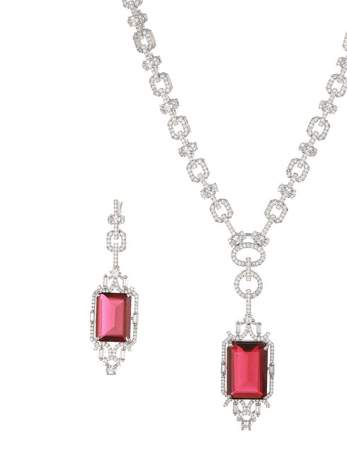 Silver Toned CZ Studded Red Ruby Designer Necklace Jewellery Set