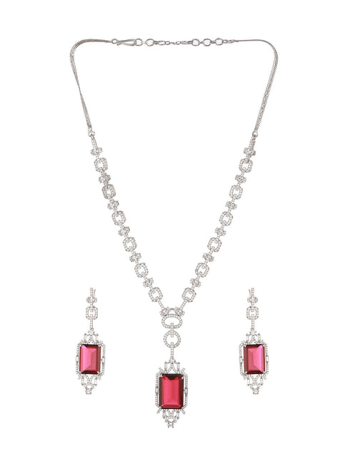 Silver Toned CZ Studded Red Ruby Designer Necklace Jewellery Set