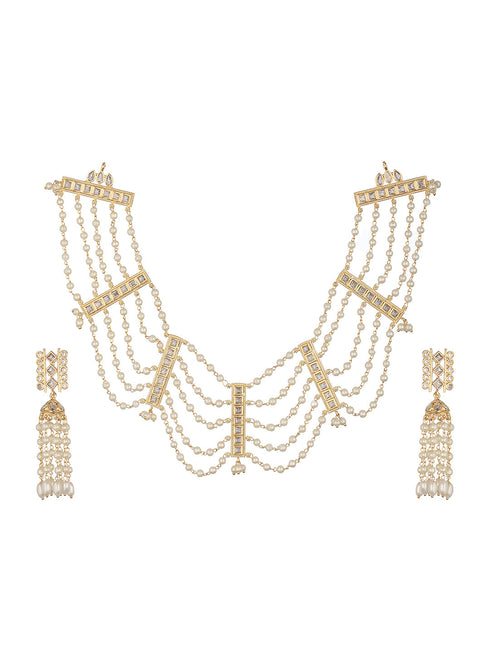 Gold Toned Pearl Beaded Minimal Choker Jewellery Set