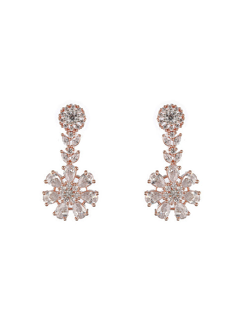 Silver Toned CZ Studded 2 line Floral Jewellery Set
