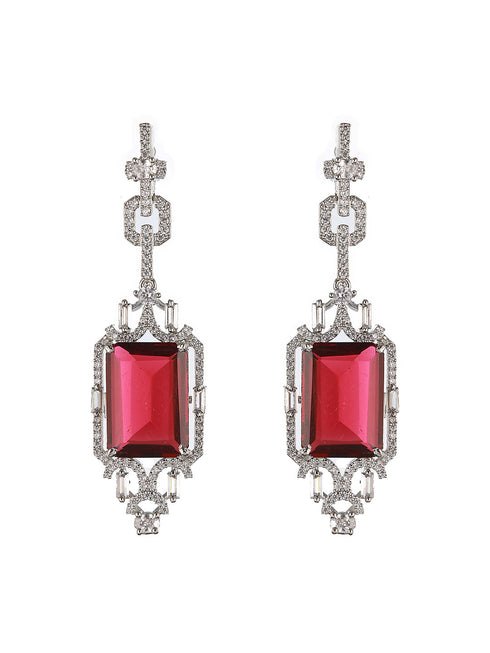Silver Toned CZ Studded Red Ruby Designer Necklace Jewellery Set