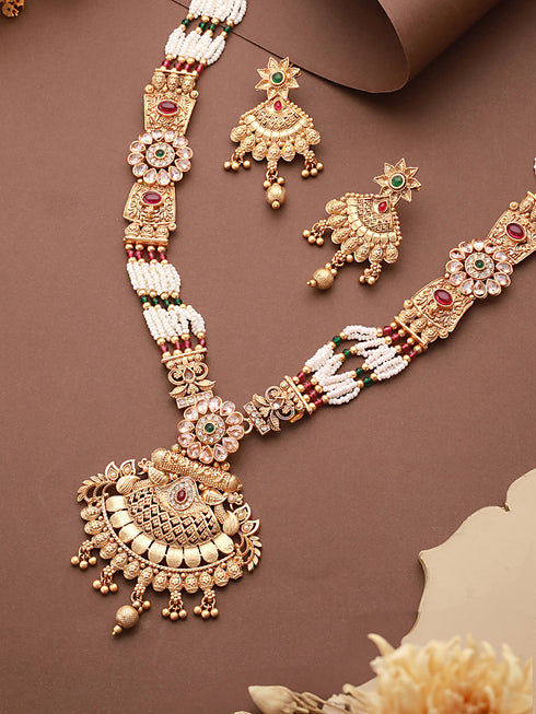 Gold Plated Fusion Stone Studded Filigree Long Maala Bridal Jewellery Set