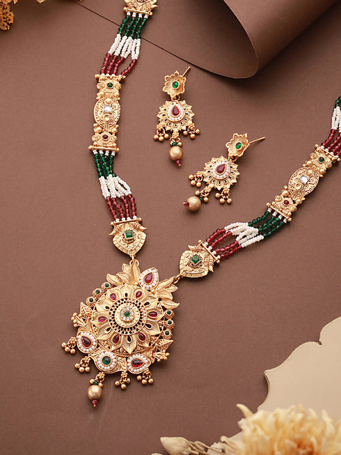 Gold Plated Fusion Stone Studded Pendant Long Maala Bridal Jewellery Set