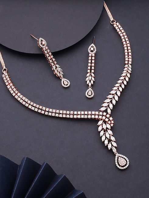 Rose Gold Plated Zircon Studded Luxe Pendant Necklace jewellery Set