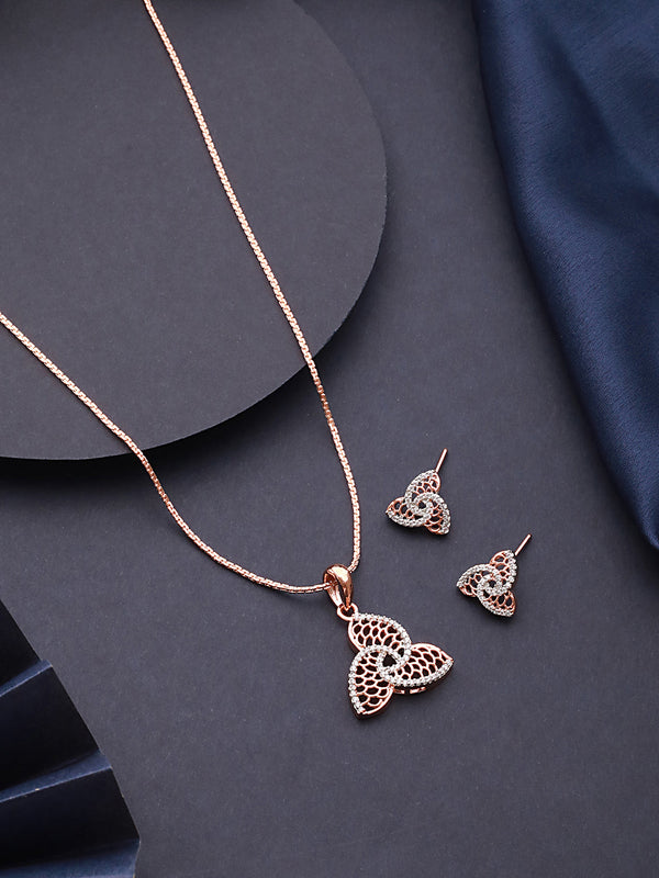 Rose Gold Plated AD Studded Minimal Leafy Locket Jewellery Set