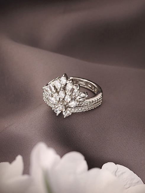 Silver Plated AD Studded Crown Shaped Designer Engagement Finger Ring