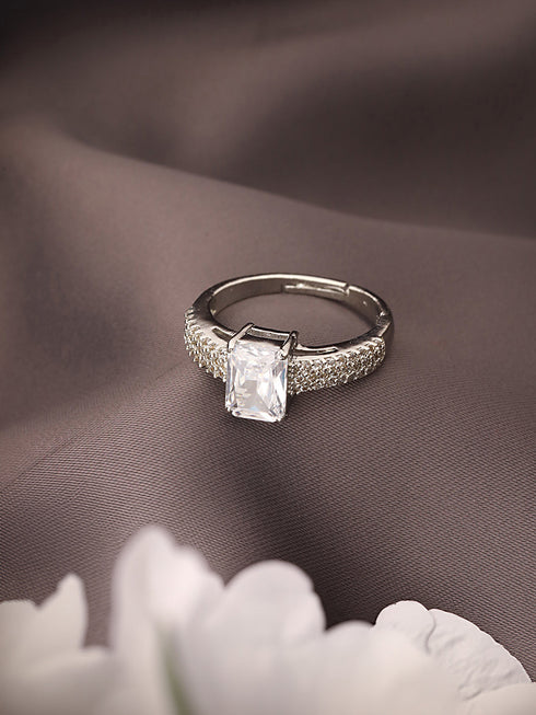 Silver Plated AD Studded Solitaire Delicate Engagement Finger Band Ring