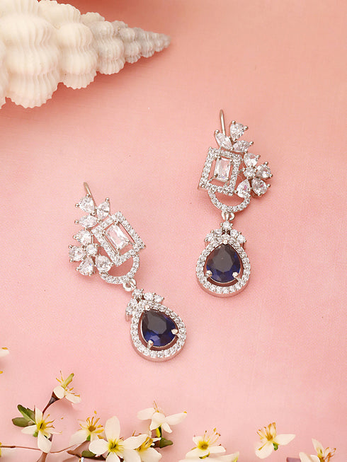 Silver Toned Blue AD Studded Luxe Quirky Drop Earrings