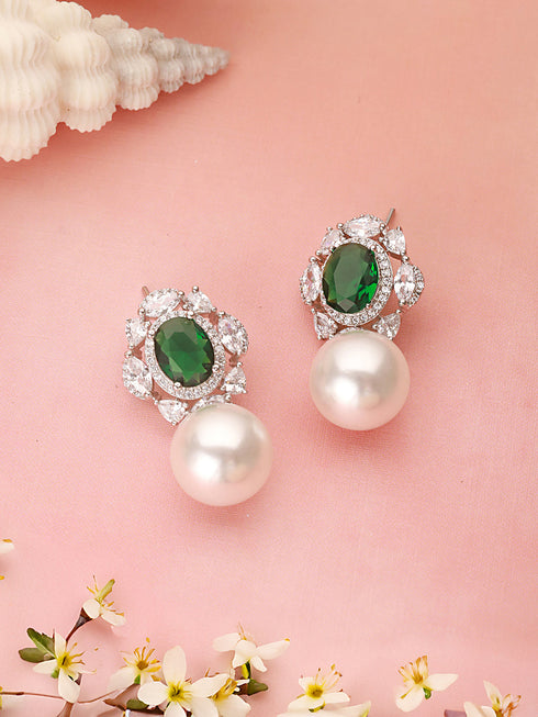 Silver Plated Emerald Green AD Studded Pearl Beaded Luxe Studds Earring