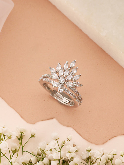 Silver Plated AD Studded Crown Shaped Designer Engagement Finger Ring