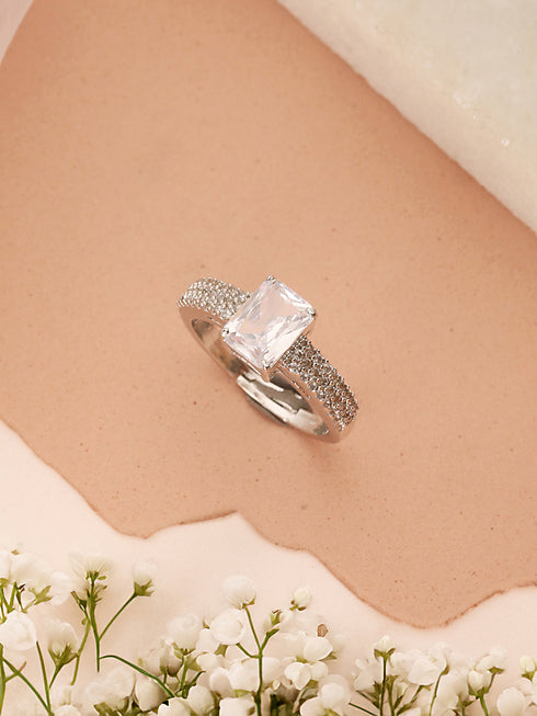 Silver Plated AD Studded Solitaire Delicate Engagement Finger Band Ring