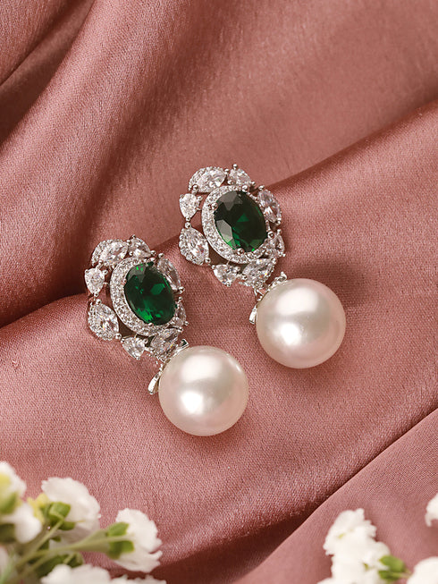 Silver Plated Emerald Green AD Studded Pearl Beaded Luxe Studds Earring