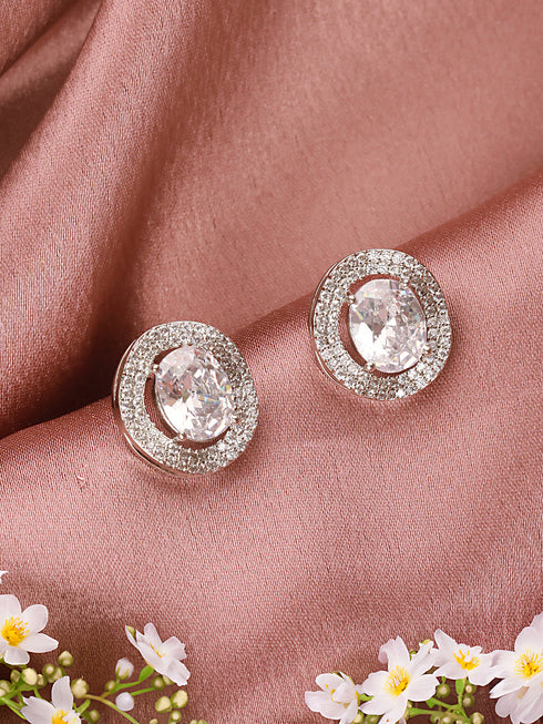 Silver Plated AD Studded Luxe Solitaire Studds Earrings