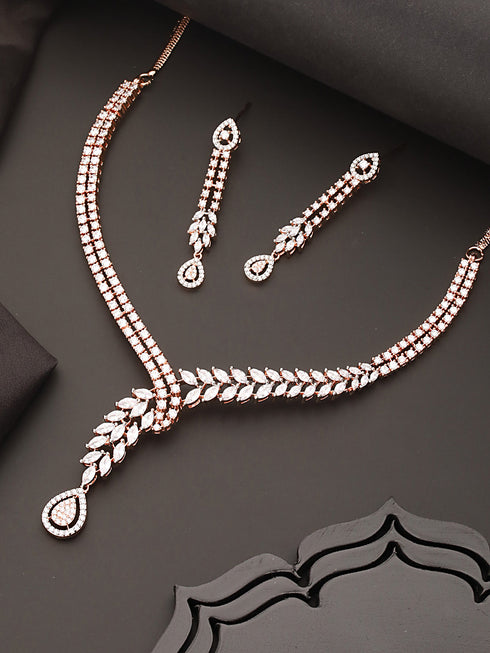 Rose Gold Plated Zircon Studded Luxe Pendant Necklace jewellery Set