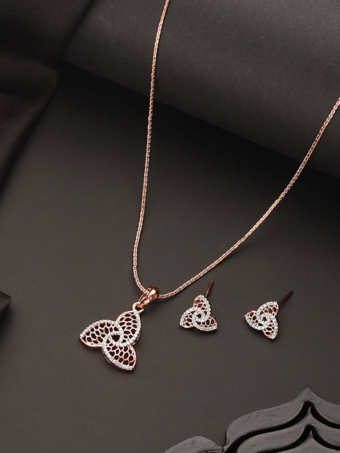 Rose Gold Plated AD Studded Minimal Leafy Locket Jewellery Set