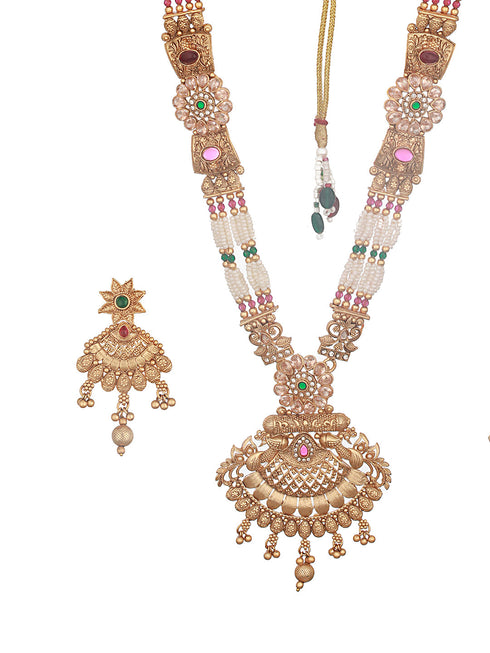 Gold Plated Fusion Stone Studded Filigree Long Maala Bridal Jewellery Set