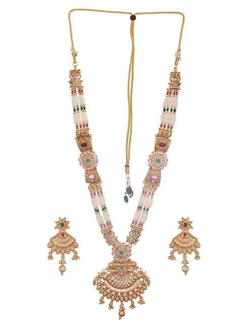 Gold Plated Fusion Stone Studded Filigree Long Maala Bridal Jewellery Set
