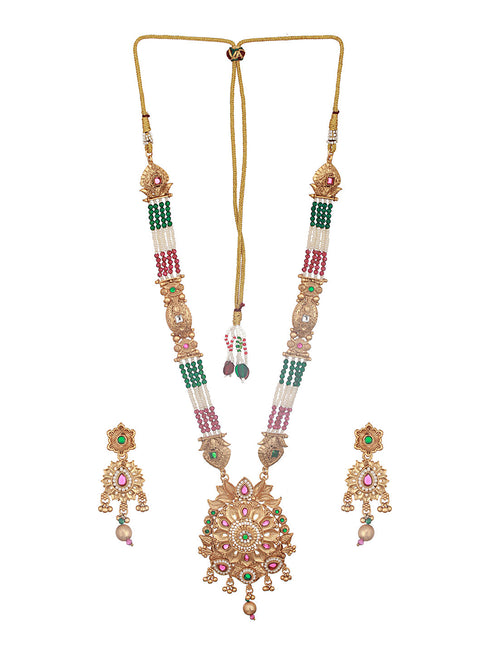 Gold Plated Fusion Stone Studded Pendant Long Maala Bridal Jewellery Set