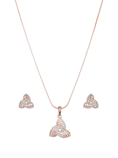 Rose Gold Plated AD Studded Minimal Leafy Locket Jewellery Set