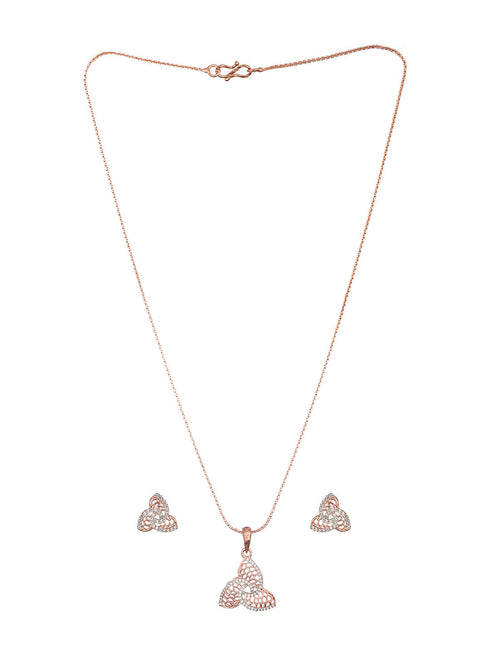 Rose Gold Plated AD Studded Minimal Leafy Locket Jewellery Set