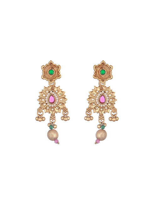 Gold Plated Fusion Stone Studded Pendant Long Maala Bridal Jewellery Set
