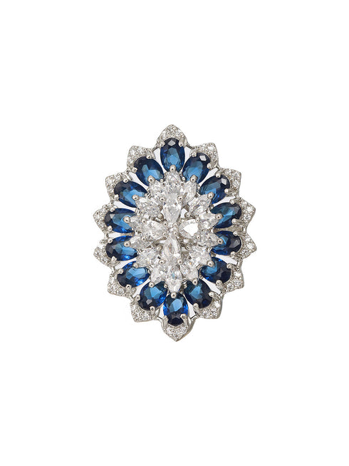 Silver Plated Blue Sapphire Zircon Luxe Floral Finger Ring