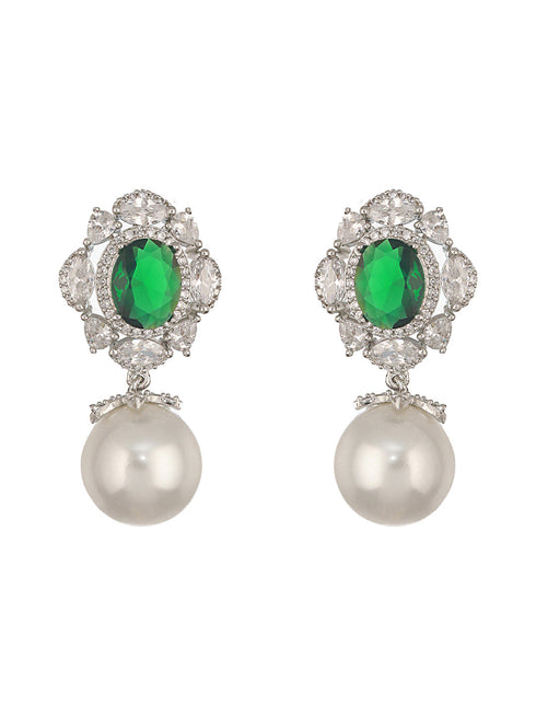 Silver Plated Emerald Green AD Studded Pearl Beaded Luxe Studds Earring