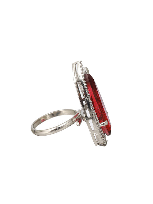 Silver Toned Red Ruby CZ Minimal Luxe Finger Ring