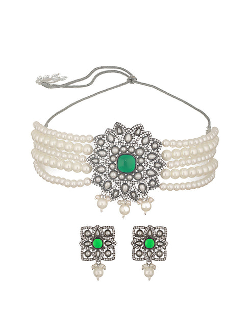 Silver Oxidised Victorian AD Studded Pearl Beaded Luxe Choker Jewellery Set