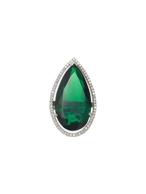 Silver Toned Green Zircon Minimal Finger Ring