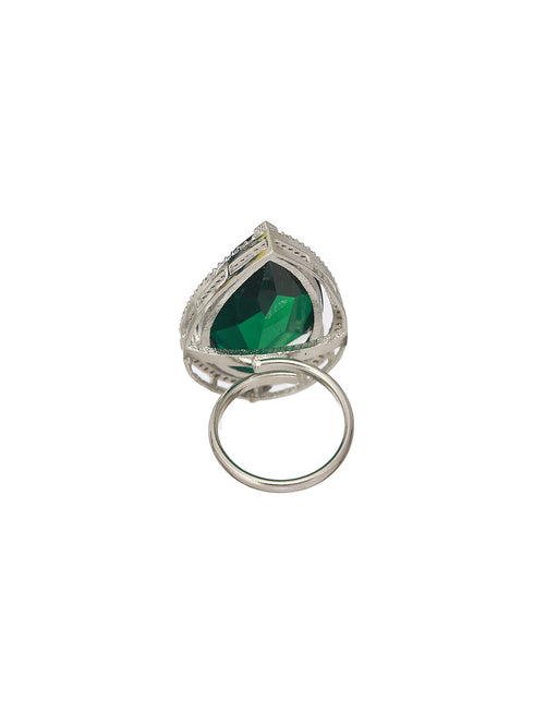 Silver Toned Green Zircon Minimal Finger Ring