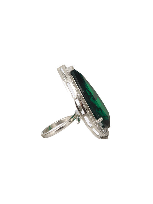 Silver Toned Green Zircon Minimal Finger Ring