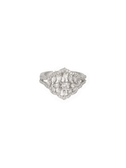 Silver Plated AD Studded Floral Delicate Engagement Finger BandRing