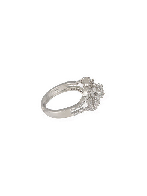 Silver Plated AD Studded Floral Delicate Engagement Finger BandRing