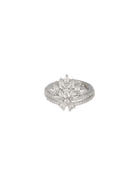 Silver Plated AD Studded Crown Shaped Designer Engagement Finger Ring