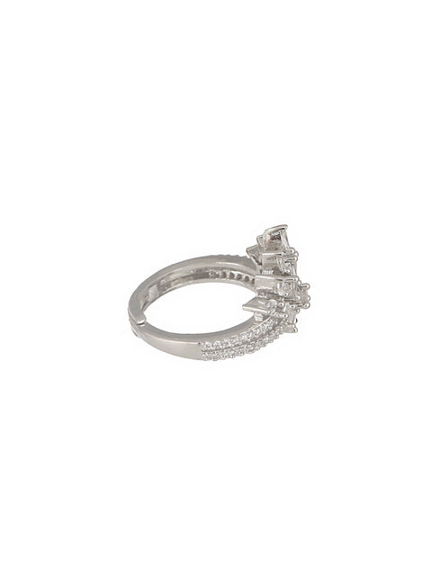 Silver Plated AD Studded Crown Shaped Designer Engagement Finger Ring