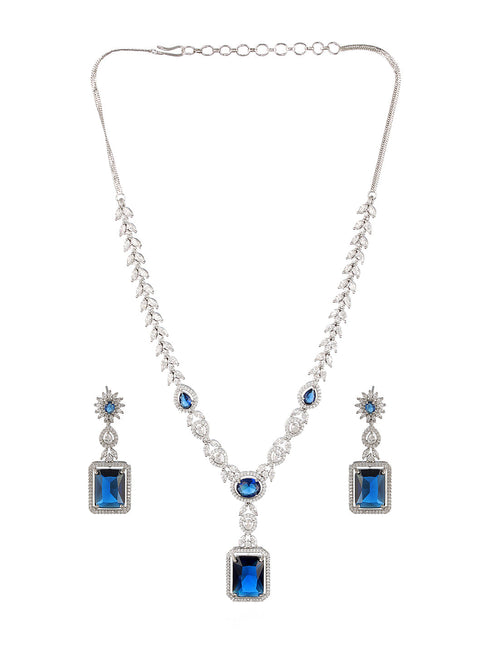 Silver Plated Blue CZ Studded Statement Floral Necklace Jewellery Set
