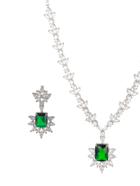 Silver Plated Green AD Studded Floral Necklace
