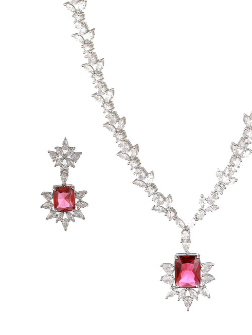 Silver Plated Red Ruby Zircon Floral Statement Necklace Jewellery Set