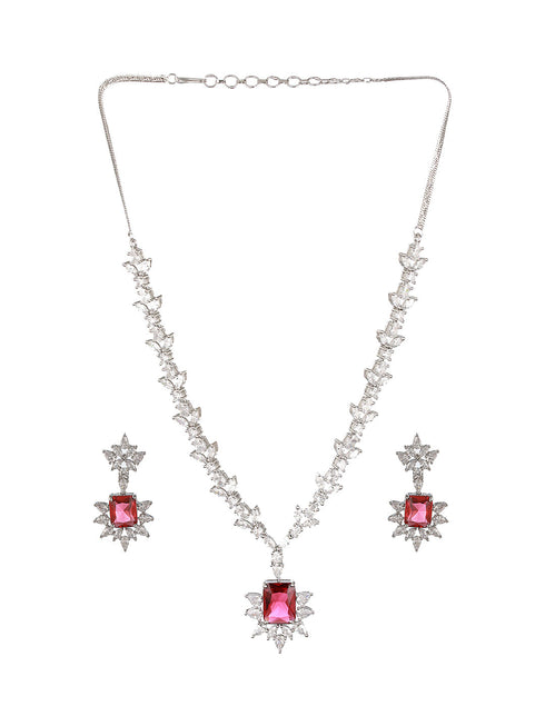 Silver Plated Red Ruby Zircon Floral Statement Necklace Jewellery Set