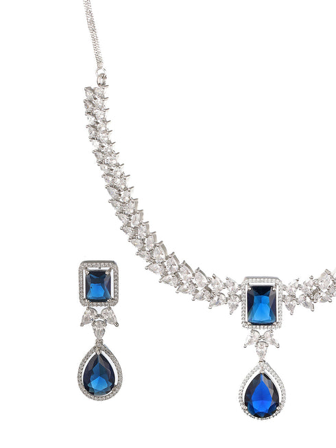 Silver Plated Blue Zircon Minimal Necklace Jewellery Set