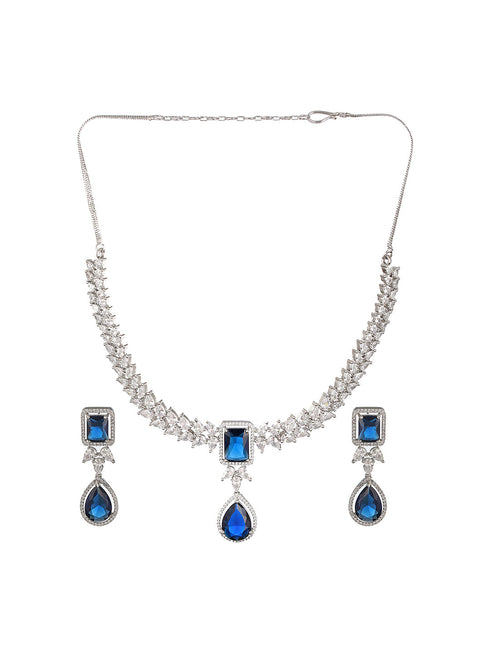 Silver Plated Blue Zircon Minimal Necklace Jewellery Set