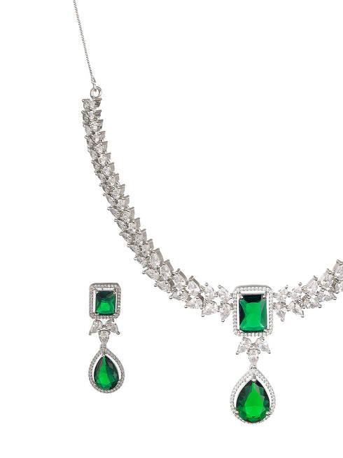 Silver Plated Green Zircon Minimal Necklace Jewellery Set