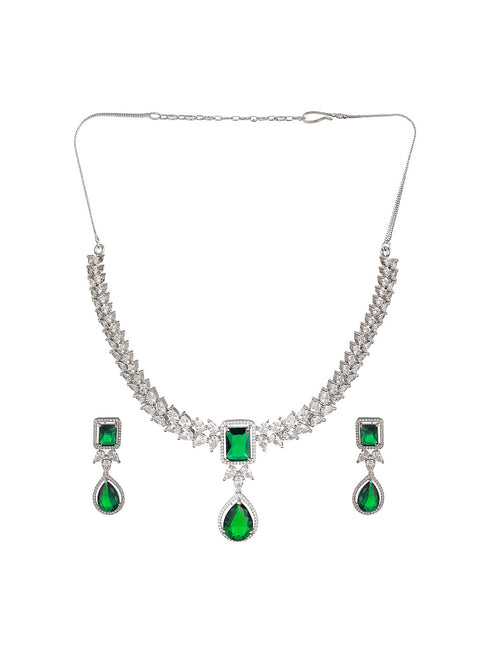 Silver Plated Green Zircon Minimal Necklace Jewellery Set