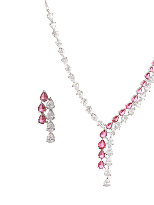 Silver Toned Red CZ Statement Designer Necklace Jewellery Set