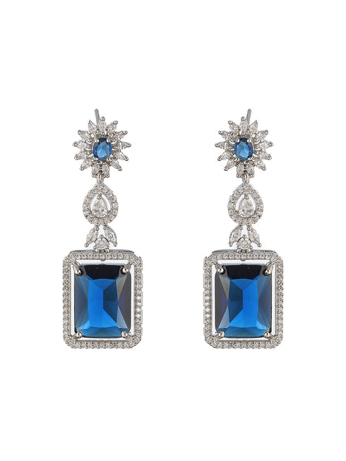Silver Plated Blue CZ Studded Statement Floral Necklace Jewellery Set