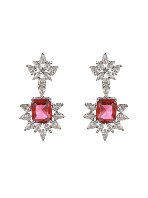 Silver Plated Red Ruby Zircon Floral Statement Necklace Jewellery Set