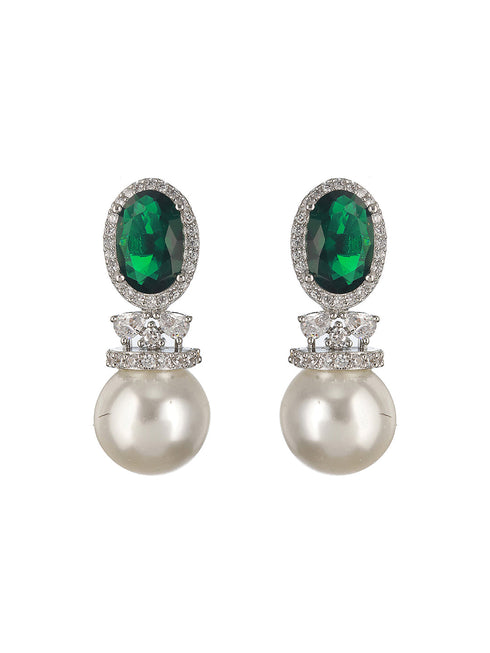 Silver Plated Green CZ Pearl Beaded Minimal Earring