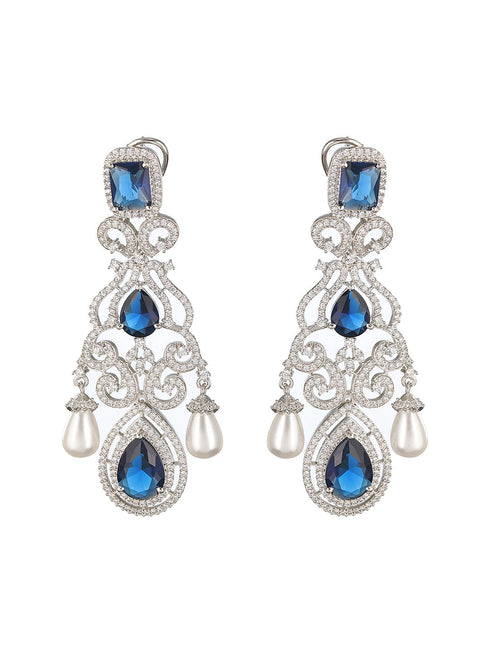 Silver Toned Blue CZ Studded Pearl Beaded Statement Chandelier Earrings