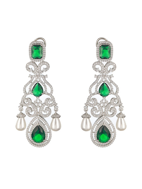 Silver Toned Green Zircon Pearl Beaded Statement Chandelier Earrings